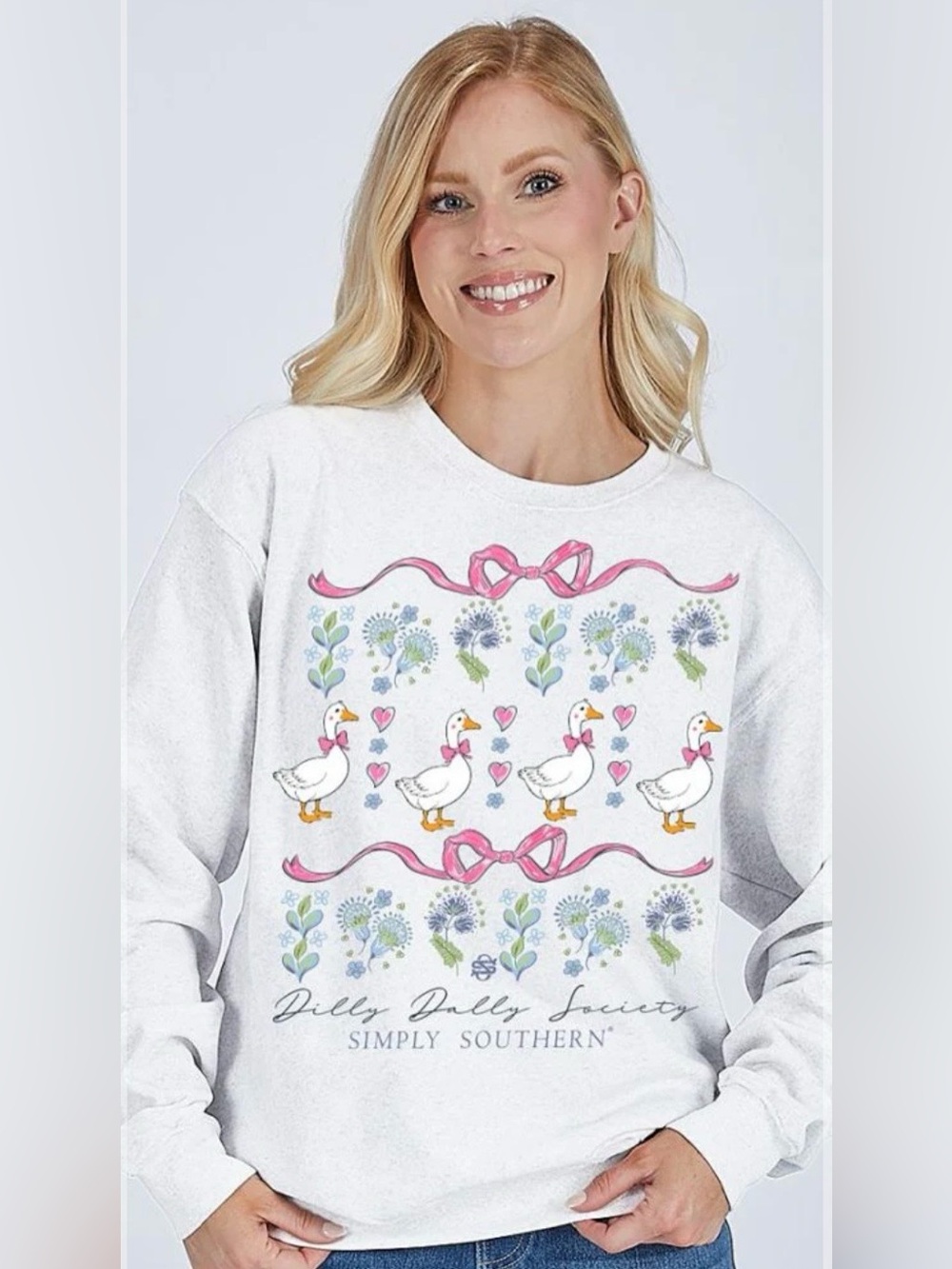 Simply Southern Dilly Dally White Sweatshirt with Pink Bow & Duck Motif